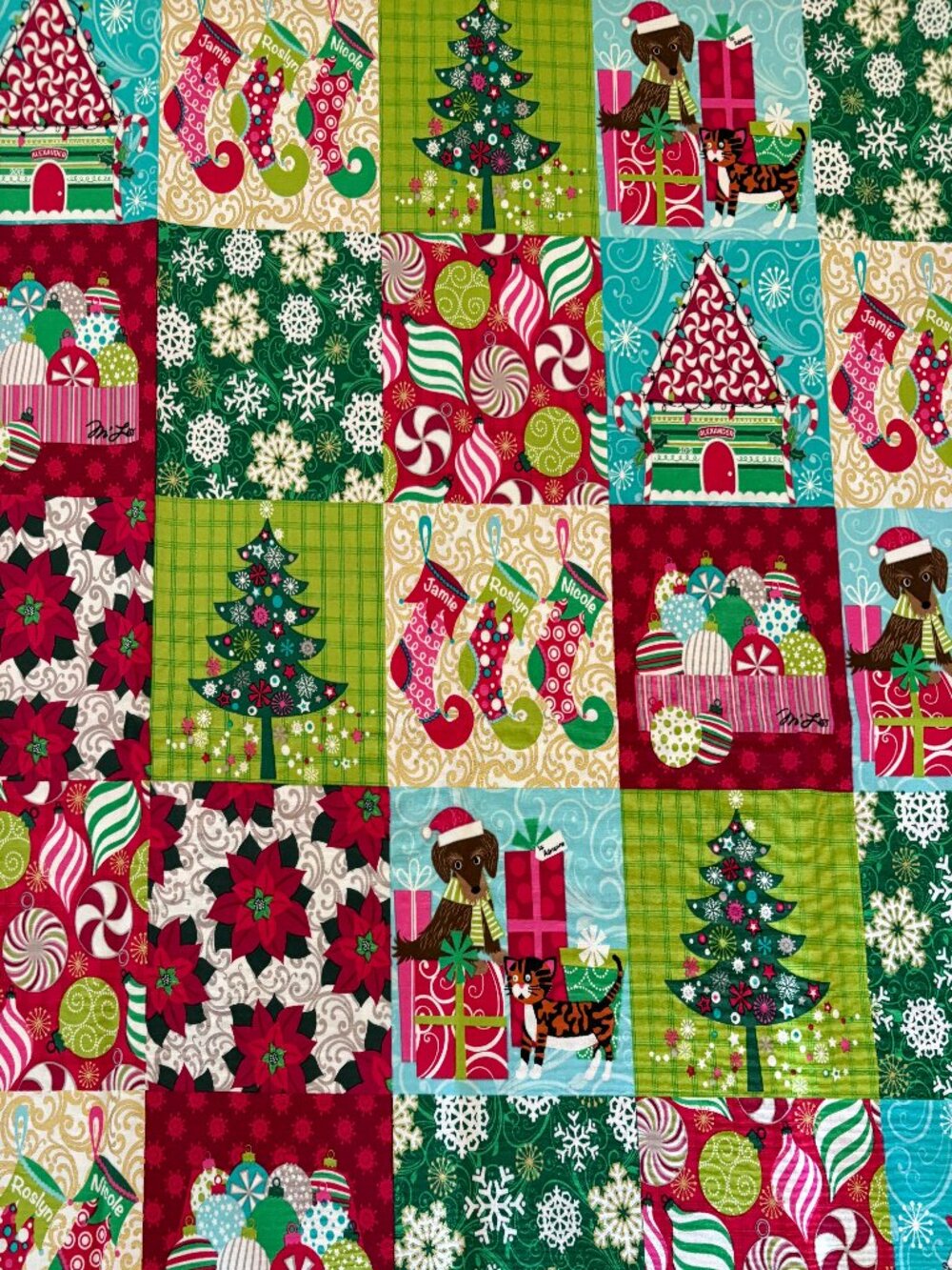 M'Liss Christmas Love Fabric Patch Grid Dachshund Cat Stockings Poinsettia 1+ Yd